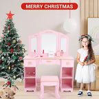 Set da toeletta rosa per bambini con specchio a tre ante, sgabello e contenitore