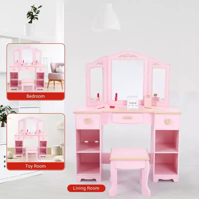 Set da toeletta rosa per bambini con specchio a tre ante, sgabello e contenitore