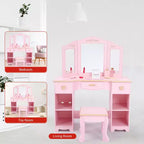 Set da toeletta rosa per bambini con specchio a tre ante, sgabello e contenitore