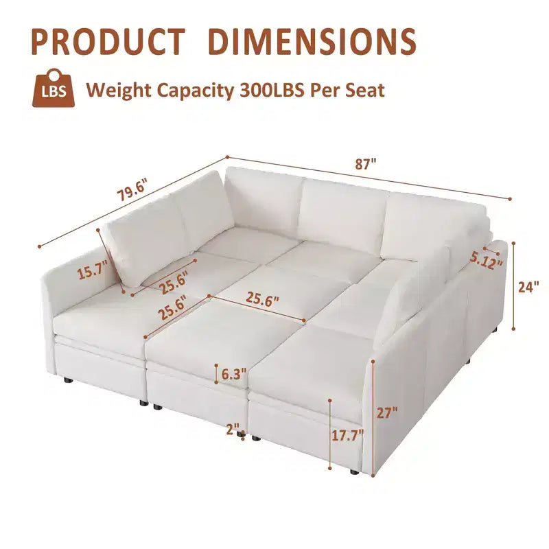 Divano Letto Componibile con Contenitore, in Tessuto Chenille, Fino a 9 Posti, Beige