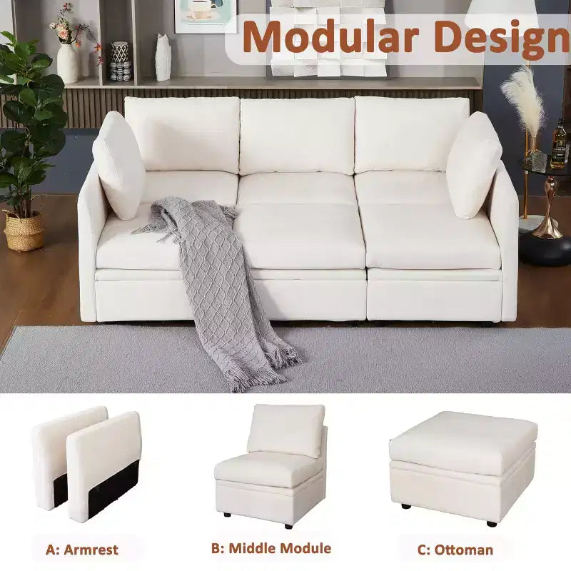 Divano Letto Componibile con Contenitore, in Tessuto Chenille, Fino a 9 Posti, Beige