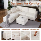 Divano Letto Componibile con Contenitore, in Tessuto Chenille, Fino a 9 Posti, Beige