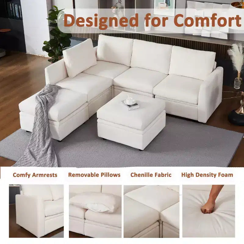 Divano Letto Componibile con Contenitore, in Tessuto Chenille, Fino a 9 Posti, Beige