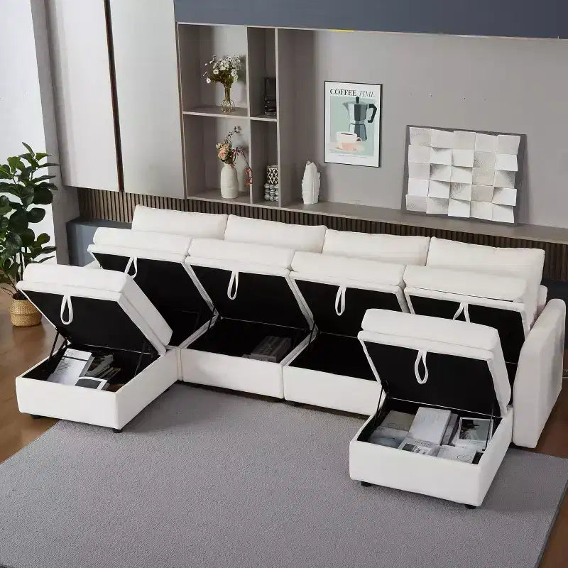 Divano Letto Componibile con Contenitore, in Tessuto Chenille, Fino a 9 Posti, Beige