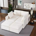 Divano Letto Componibile con Contenitore, in Tessuto Chenille, Fino a 9 Posti, Beige