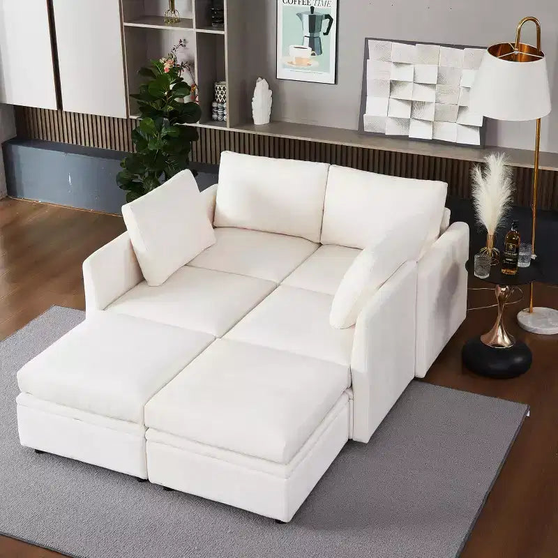Divano Letto Componibile con Contenitore, in Tessuto Chenille, Fino a 9 Posti, Beige