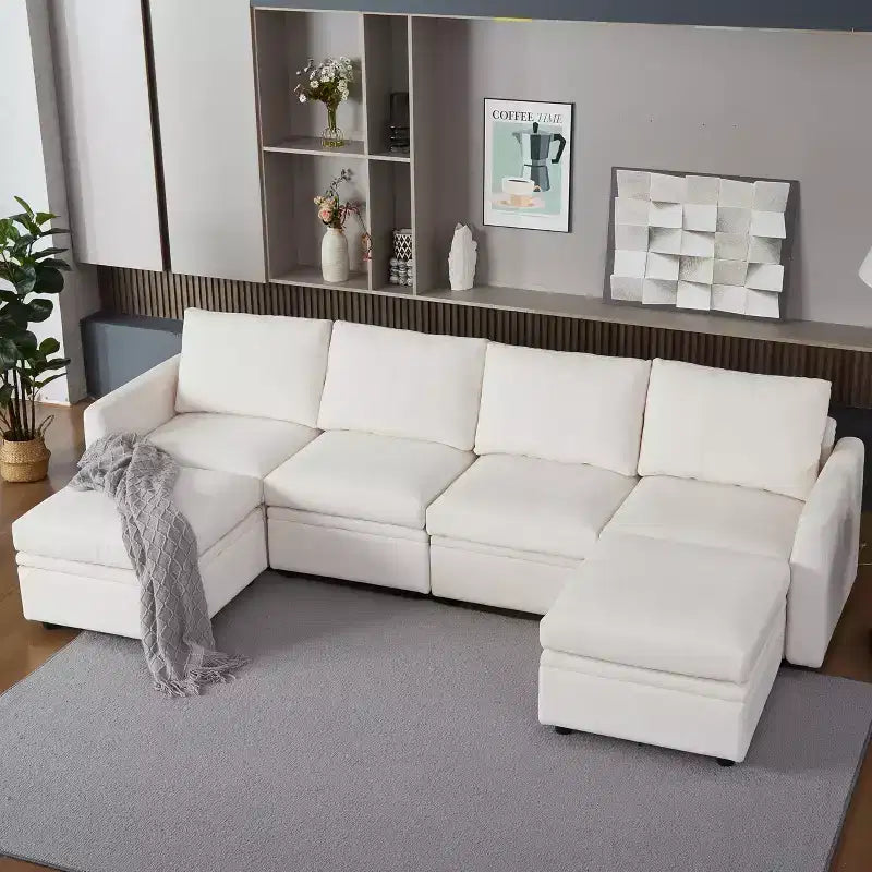 Divano Letto Componibile con Contenitore, in Tessuto Chenille, Fino a 9 Posti, Beige