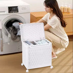 Cesto portabiancheria con coperchio e ruote – Cesta in plastica con maniglia per lavanderia o bagno, bianco