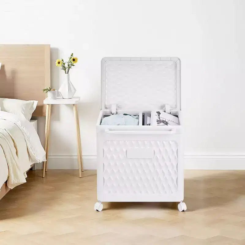 Cesto portabiancheria con coperchio e ruote – Cesta in plastica con maniglia per lavanderia o bagno, bianco