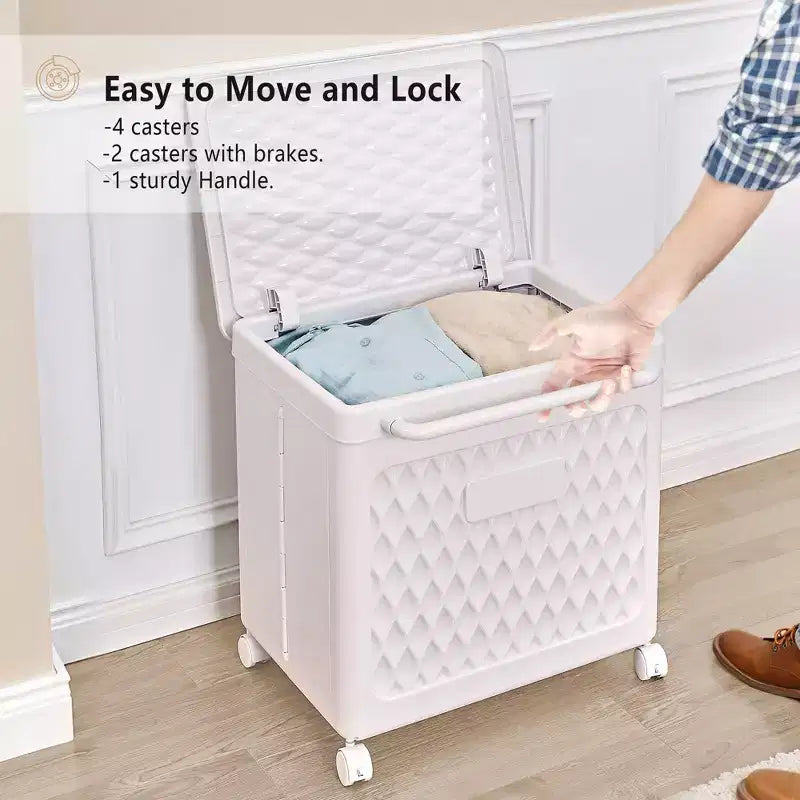 Cesto portabiancheria con coperchio e ruote – Cesta in plastica con maniglia per lavanderia o bagno, bianco