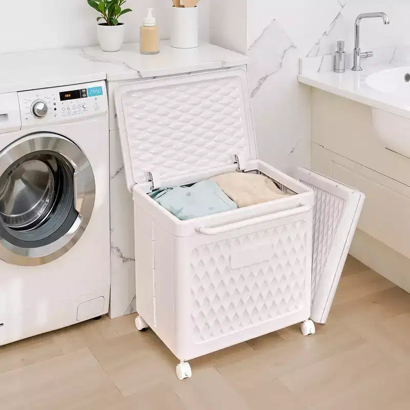 Cesto portabiancheria con coperchio e ruote – Cesta in plastica con maniglia per lavanderia o bagno, bianco