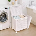Cesto portabiancheria con coperchio e ruote – Cesta in plastica con maniglia per lavanderia o bagno, bianco