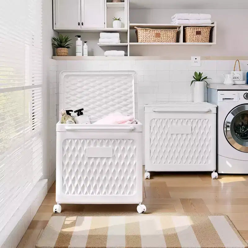 Cesto portabiancheria con coperchio e ruote – Cesta in plastica con maniglia per lavanderia o bagno, bianco