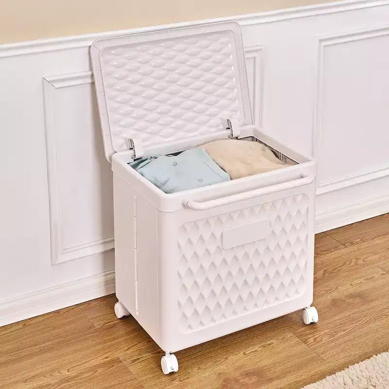 Cesto portabiancheria con coperchio e ruote – Cesta in plastica con maniglia per lavanderia o bagno, bianco
