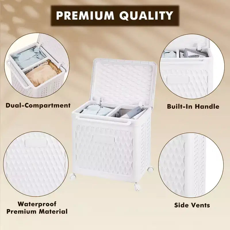 Cesto portabiancheria con coperchio e ruote – Cesta in plastica con maniglia per lavanderia o bagno, bianco