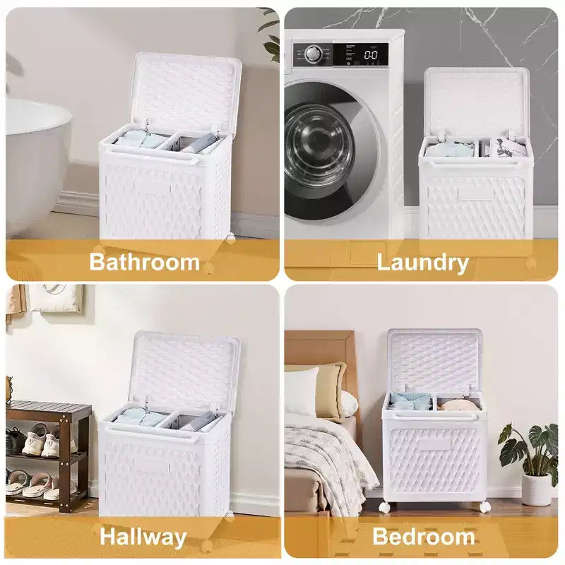 Cesto portabiancheria con coperchio e ruote – Cesta in plastica con maniglia per lavanderia o bagno, bianco