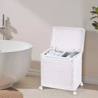 Cesto portabiancheria con coperchio e ruote – Cesta in plastica con maniglia per lavanderia o bagno, bianco