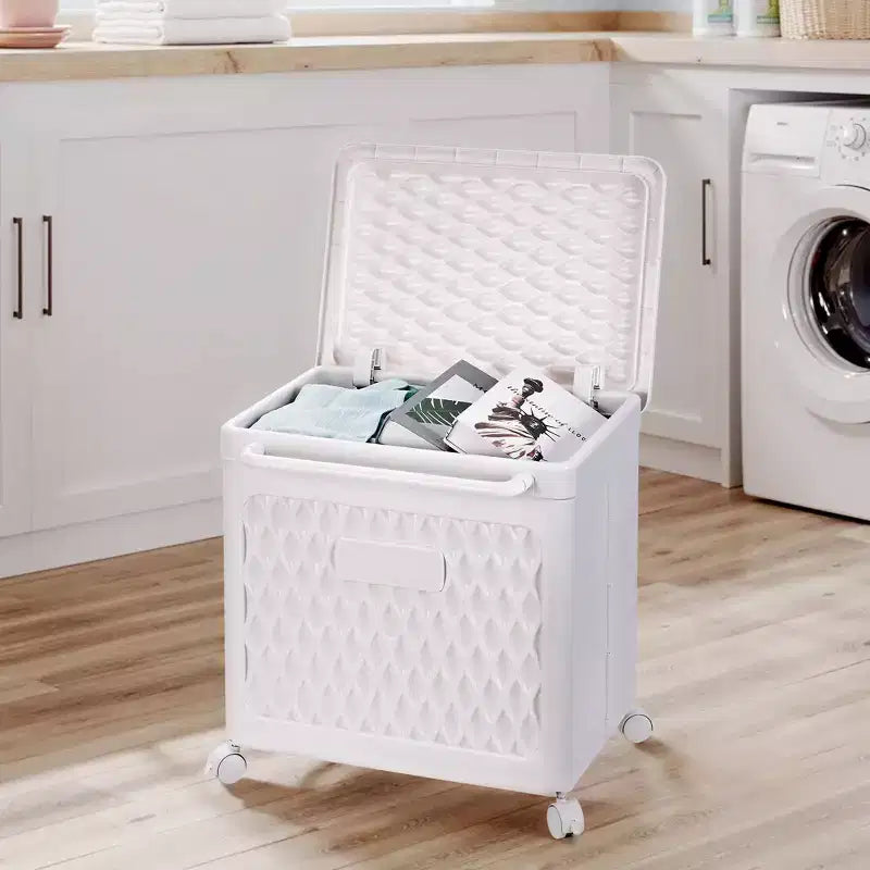 Cesto portabiancheria con coperchio e ruote – Cesta in plastica con maniglia per lavanderia o bagno, bianco