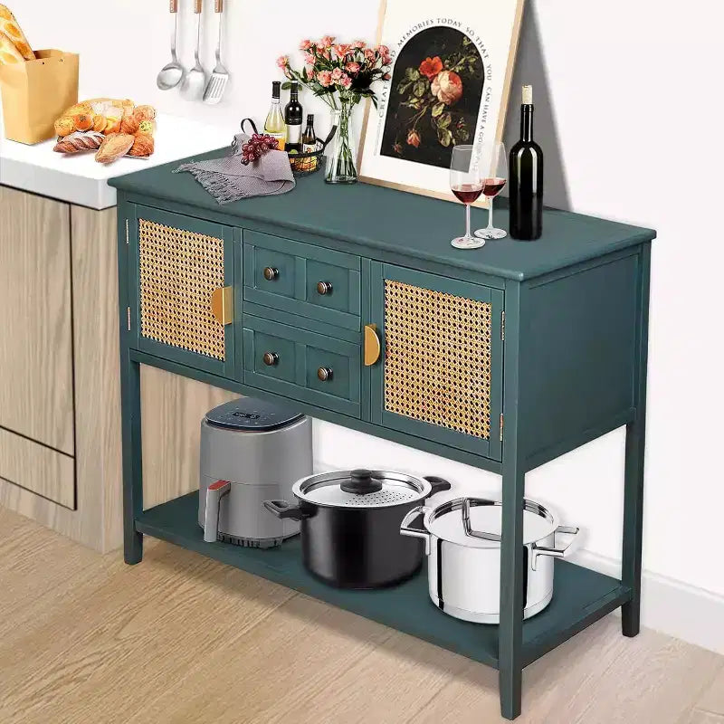 Consolle in Rattan con 2 Cassetti e Mobile Contenitore, Tavolo Stretto a 2 Ripiani per Soggiorno e Ingresso