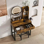 Set Specchio per Trucco Rustico con Illuminazione a LED, Prese di Corrente, 2 Cassetti e Ripiani Aperti