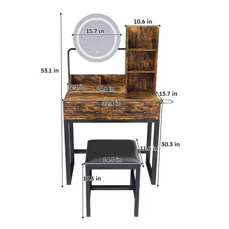 Set Specchio per Trucco Rustico con Illuminazione a LED, Prese di Corrente, 2 Cassetti e Ripiani Aperti