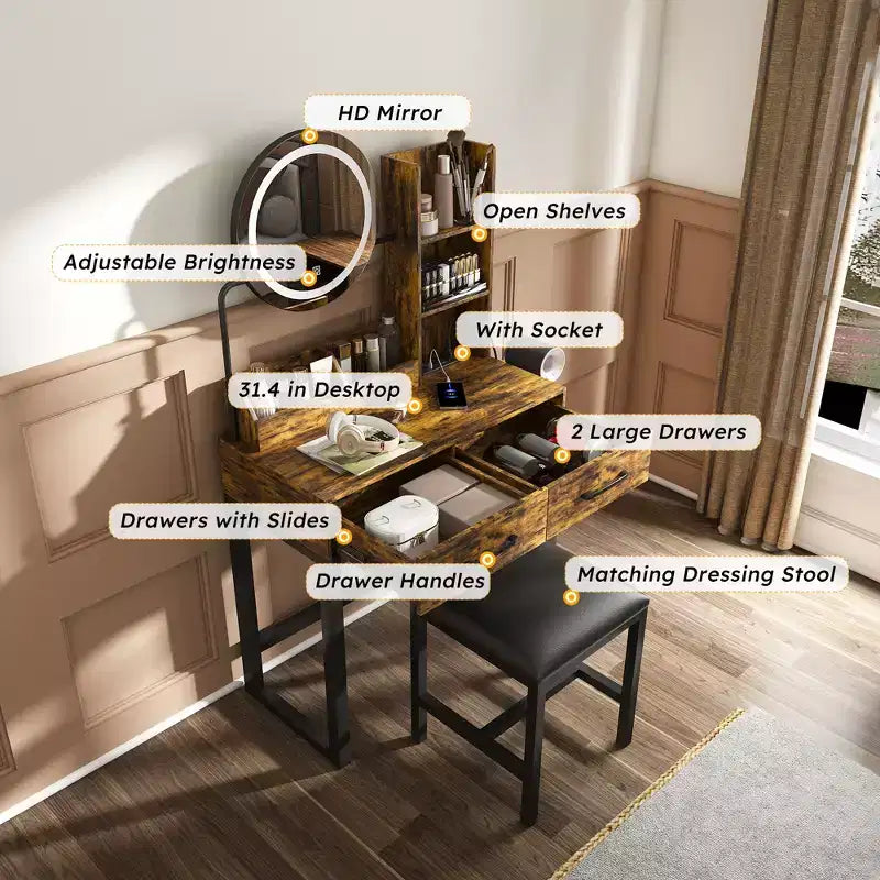 Set Specchio per Trucco Rustico con Illuminazione a LED, Prese di Corrente, 2 Cassetti e Ripiani Aperti