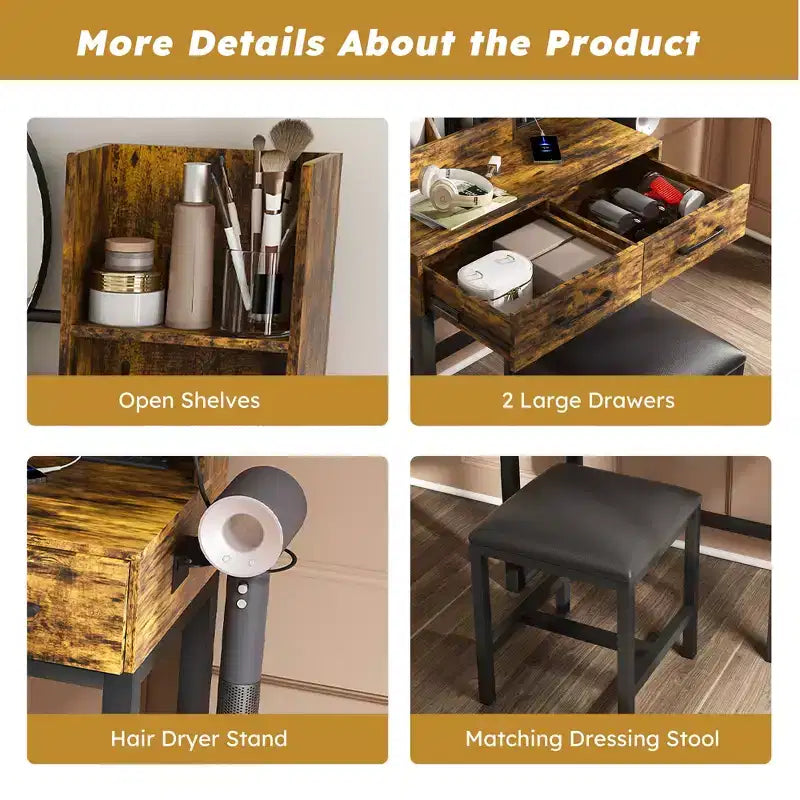 Set Specchio per Trucco Rustico con Illuminazione a LED, Prese di Corrente, 2 Cassetti e Ripiani Aperti
