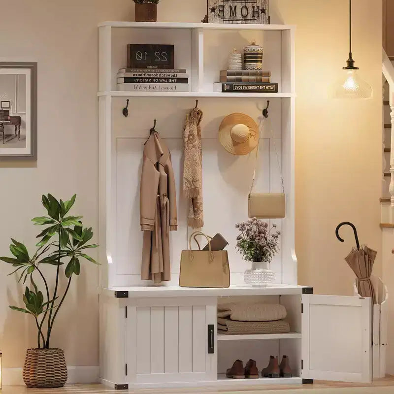 Coolmee 76 inch Hall Tree with Bench and Shoe Storage, 4-in-1 Entryway Mudroom Bench with Coat Rack and 5 Hooks, Adjustable Shelf