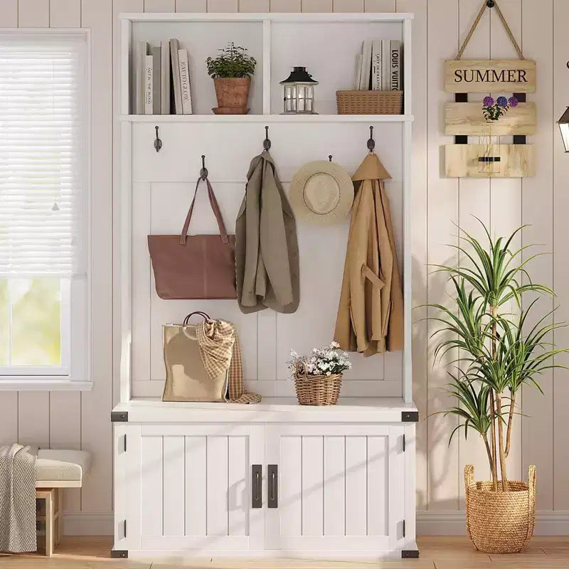 Panca scarpiera da ingresso con appendiabiti da 193 cm – Organizzatore da ingresso 4 in 1 con appendiabiti, 5 ganci e ripiano regolabile