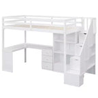 Letto a soppalco singolo con scrivania a L, scala con vani portaoggetti, cassetti e armadietto