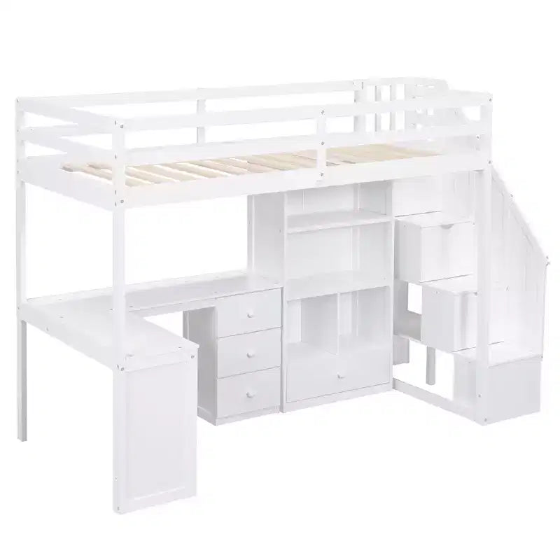 Letto a soppalco singolo con scrivania a L, scala con vani portaoggetti, cassetti e armadietto