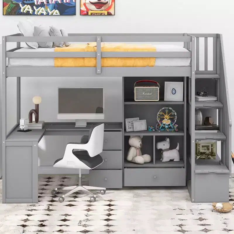 Letto a soppalco singolo con scrivania a L, scala con vani portaoggetti, cassetti e armadietto