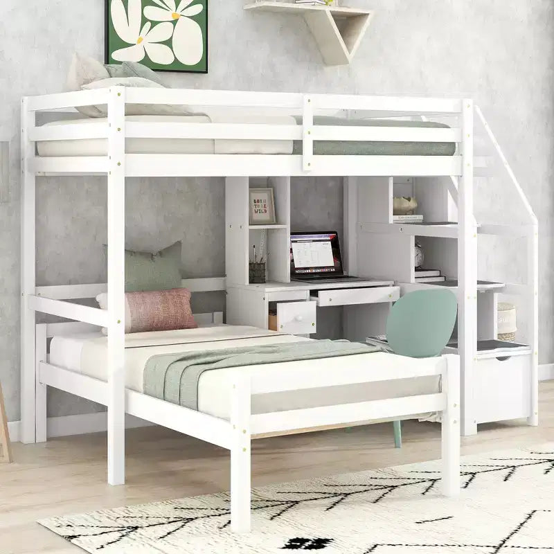Letto a Castello a L da Una Piazza e Mezza con Scala Contenitore, Scrivania, Ripiani e Cassetti