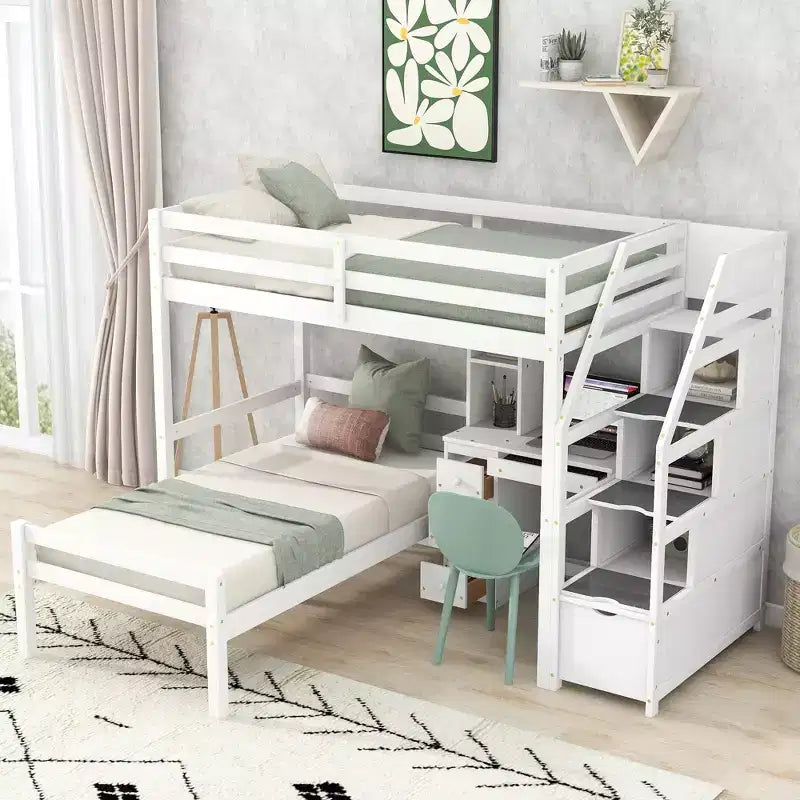 Letto a Castello a L da Una Piazza e Mezza con Scala Contenitore, Scrivania, Ripiani e Cassetti