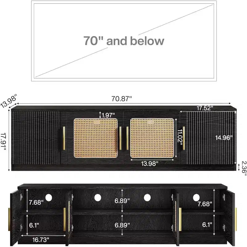 Mobile TV da 70,9" con scaffale a 6 livelli e ante in rattan, adatto per TV fino a 80 pollici