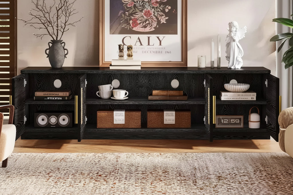 Mobile TV da 70,9" con scaffale a 6 livelli e ante in rattan, adatto per TV fino a 80 pollici