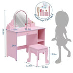 Set toeletta e sgabello per bambini con specchio illuminato, cassetto e ripiani aperti per bambine dai 3 anni in su