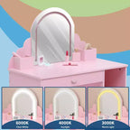 Set toeletta e sgabello per bambini con specchio illuminato, cassetto e ripiani aperti per bambine dai 3 anni in su