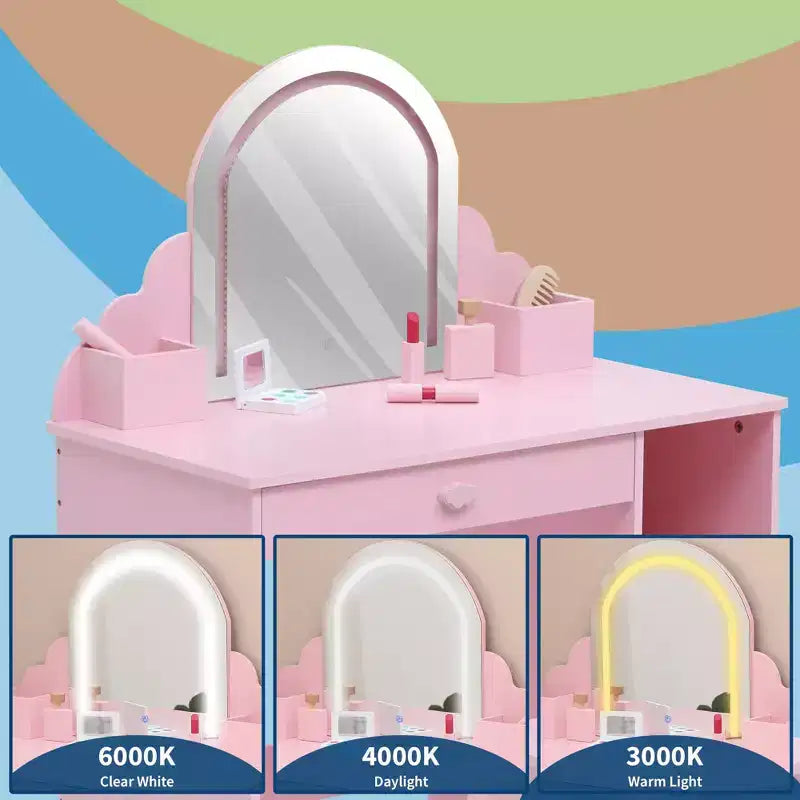 Set toeletta e sgabello per bambini con specchio illuminato, cassetto e ripiani aperti per bambine dai 3 anni in su