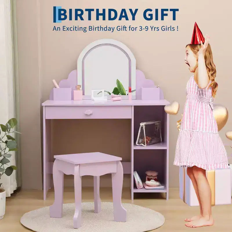 Set toeletta e sgabello per bambini con specchio illuminato, cassetto e ripiani aperti per bambine dai 3 anni in su