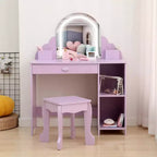 Set toeletta e sgabello per bambini con specchio illuminato, cassetto e ripiani aperti per bambine dai 3 anni in su