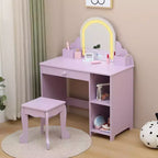 Set toeletta e sgabello per bambini con specchio illuminato, cassetto e ripiani aperti per bambine dai 3 anni in su
