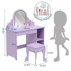 Set toeletta e sgabello per bambini con specchio illuminato, cassetto e ripiani aperti per bambine dai 3 anni in su