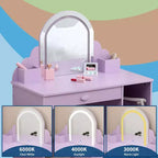 Set toeletta e sgabello per bambini con specchio illuminato, cassetto e ripiani aperti per bambine dai 3 anni in su