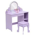 Set toeletta e sgabello per bambini con specchio illuminato, cassetto e ripiani aperti per bambine dai 3 anni in su