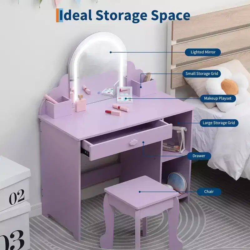 Set toeletta e sgabello per bambini con specchio illuminato, cassetto e ripiani aperti per bambine dai 3 anni in su