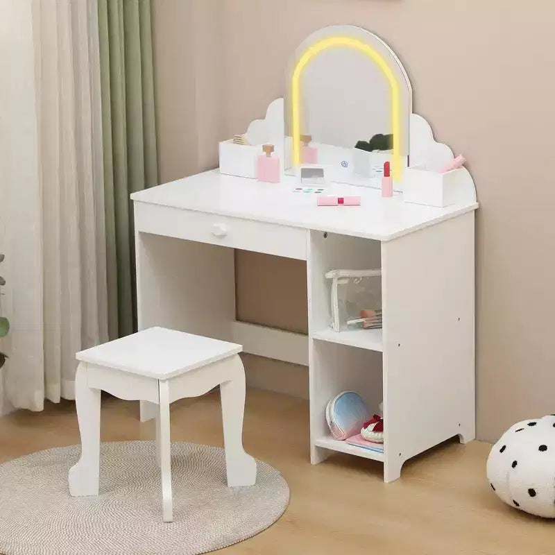 Set toeletta e sgabello per bambini con specchio illuminato, cassetto e ripiani aperti per bambine dai 3 anni in su