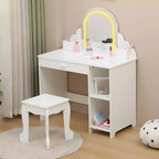 Set toeletta e sgabello per bambini con specchio illuminato, cassetto e ripiani aperti per bambine dai 3 anni in su