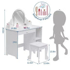 Set toeletta e sgabello per bambini con specchio illuminato, cassetto e ripiani aperti per bambine dai 3 anni in su