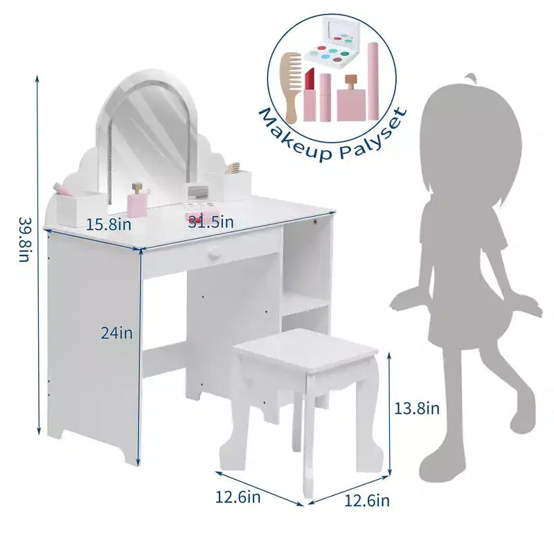 Set toeletta e sgabello per bambini con specchio illuminato, cassetto e ripiani aperti per bambine dai 3 anni in su
